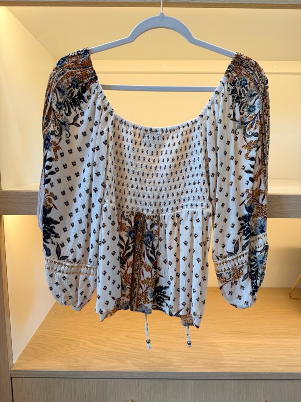 V Neck Cream Boho Tie-Front Peasant Blouse with Blue & Brown Floral Print - Picture 3 of 3